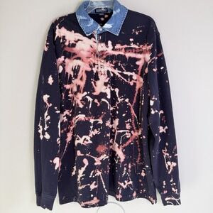 Custom Bleach Dyed Long Sleeve Mens XL Grunge Polo Denim Collar Shirt